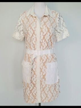 GREYLIN Anthropologie White Cream Floral Lace Shirt Mini Dress w/ Belt Sz Medium